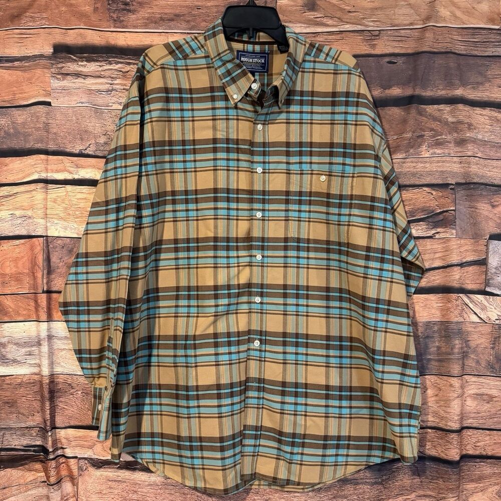 Panhandle Slim Rough Stock XXL Men's Plaid Check Shirt Tan Blue Brown Western